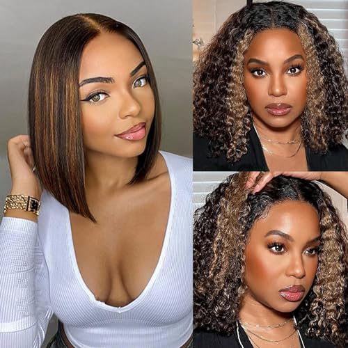 haha V Part Ombre Bob Wig Human Hair Honey Blonde Highlights 12 Inch + Curly Brown Highlight Bob Wig Human Hair Lace Front 12 Inch