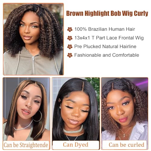 haha V Part Ombre Bob Wig Human Hair Honey Blonde Highlights 12 Inch + Curly Brown Highlight Bob Wig Human Hair Lace Front 12 Inch - Image 9
