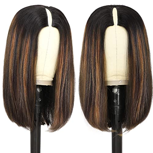 haha V Part Ombre Bob Wig Human Hair Honey Blonde Highlights 12 Inch + Curly Brown Highlight Bob Wig Human Hair Lace Front 12 Inch - Image 6