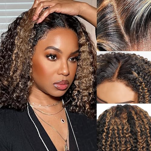 haha V Part Ombre Bob Wig Human Hair Honey Blonde Highlights 12 Inch + Curly Brown Highlight Bob Wig Human Hair Lace Front 12 Inch - Image 5