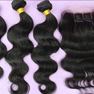 Hair 100% Malaysian Virgin Human Hair 3 Way Part Lace Closure With 3 Bundles Body Wave Natural Color 20"closure+24"26"26"weft
