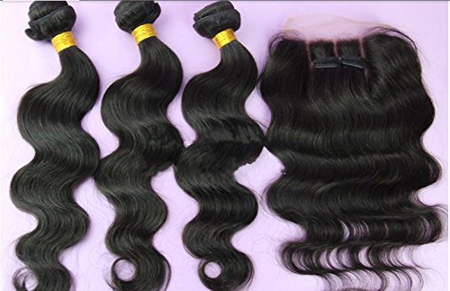 Hair 100% Malaysian Virgin Human Hair 3 Way Part Lace Closure With 3 Bundles Body Wave Natural Color 20"closure+24"26"26"weft