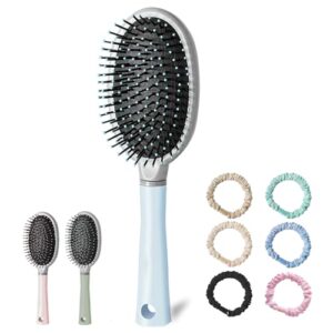 Hair Brush Detangler with Hair Scrunchies Combination for Women, Soft Detangling Hair brush Oval Cushion Hair Brush for Girl（Green)