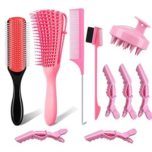 Hair Brushes For Women Detangling Brush Set For Curly Hair 9-Row Cushing Nylon Bristle, Shampoo Brush,5 Crocodile Clips, Sides Hair Edge Brush Hair Styling Brush Set。… pink