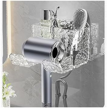 Hair Dryer Holder Wall Mount Self Adhesive, Crystal Color Hair Blow Dryer Holder Organizer Compatible for Dyson with Most Hair Dryers