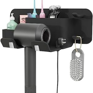 Hair Dryer Holder Wall Mounted, Multi-functional Silicone Blow Dryer Holder, Self Adhesive Hair Tool Aluminum Alloy Rack Organizer for Bathroom Bedroom