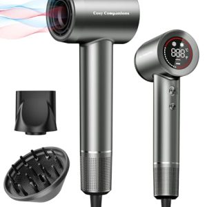 Hair Dryer - Negative Ionic Blow Dryer with 150000 RPM High Speed Brushless Motor for Fast Drying, Low Noise, HD Display Hair Dryer with Diffuser and Nozzle, 5 Temps & 2 Speeds