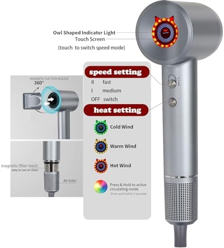 Hair Dryer with 110,000 RPM High-Speed Brushless Motor, Negative Ionic Blow Dryer, Low Noise, Fast Drying Compact Hairdryer with Touch Screen, Nozzle for Home, Travel, Salon, Gift, Light Blue - Image 5