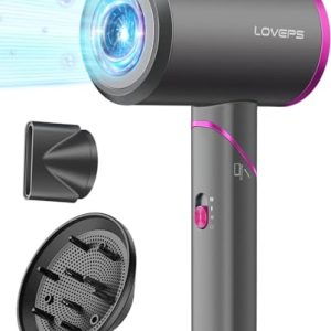 Hair Dryer with Diffuser, 1800W Ionic Travel Blow Dryer, Foldable Handle, Constant Temperature Hair Care Without Hair Damage, Purple