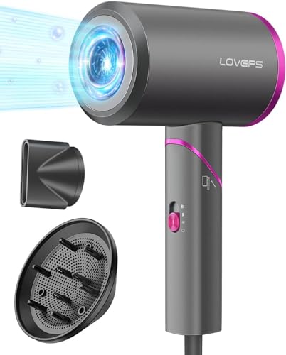 Hair Dryer with Diffuser, 1800W Ionic Travel Blow Dryer, Foldable Handle, Constant Temperature Hair Care Without Hair Damage, Purple