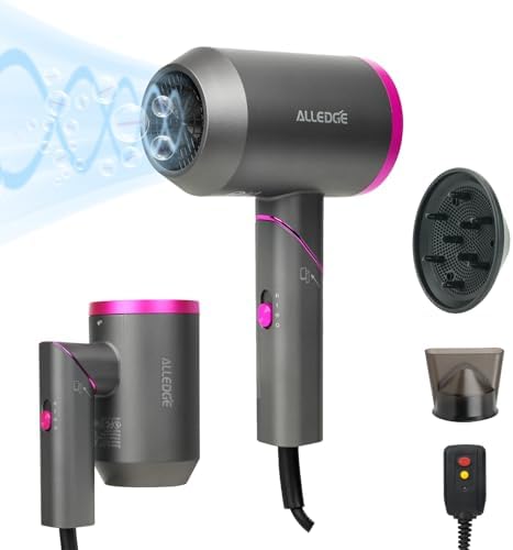 1850W Ionic Foldable Travel Hair Dryer with Diffuser for Thick Curly Hair
