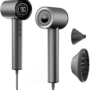 Hair Dryer with Diffuser,High Speed Negative Ionic Blow Dryer,24yd/S Airflow for Fast Drying,Low Noise Thermal Control Hair Dryer,Magnetic Nozzle,4 Temps,3 Speeds,HD Display for Home,Travel