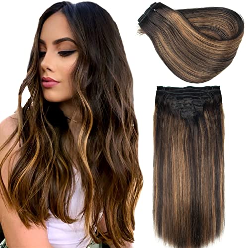 Real Human Hair Balayage Ombre Clip-In Extensions 120g 14 Inch 8 Piece Set (1B/6/1B)