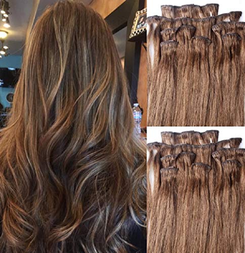 Hair Faux You 18" Clip in Hair Extensions Real Human Hair 80g Clip on for Full Head 7 pieces, 14 clips, Silky Straight Weft Remy Hair Color # 6 Chestnut Brown