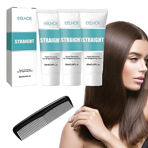 Hair Straightener Cream 3pcs Protein Correcting Hair Straightening Cream Keratin Treatment Silk and Gloss Hair Fast Smoothing Collagen Hair Straightening Cream for All Hair Types and Comb