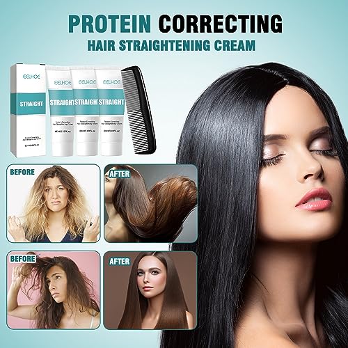 Hair Straightener Cream 3pcs Protein Correcting Hair Straightening Cream Keratin Treatment Silk and Gloss Hair Fast Smoothing Collagen Hair Straightening Cream for All Hair Types and Comb - Image 2