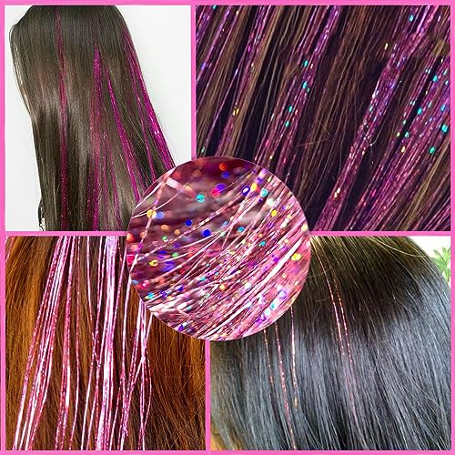 Hair Tinsel Bright Pink Fairy Hair 1500 Strands 44 Inch Heat Resistant Glitter Hair Tinsel Strands Kit Sparkling Shiny Hair Extensions Bling Bling for Party (Pink Color/1500 Strands) - Image 7