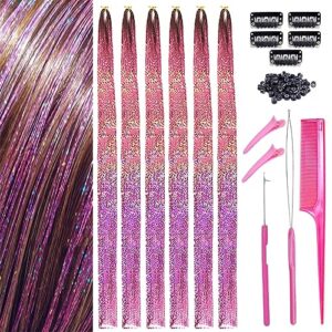 Hair Tinsel Bright Pink Fairy Hair 1500 Strands 44 Inch Heat Resistant Glitter Hair Tinsel Strands Kit Sparkling Shiny Hair Extensions Bling Bling for Party (Pink Color/1500 Strands)