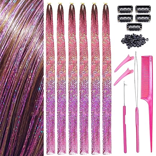 Hair Tinsel Bright Pink Fairy Hair 1500 Strands 44 Inch Heat Resistant Glitter Hair Tinsel Strands Kit Sparkling Shiny Hair Extensions Bling Bling for Party (Pink Color/1500 Strands)