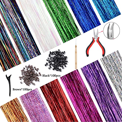 Hair Tinsel Kit With Tool 12 Colors 2400 Strands Tinsel Hair Extensions Fairy Hair Tinsel Heat Resistant, 47 Inches Shiny Sparkly Hair Tinsel Strands Glitter Hair Extensions for Women Girls - Image 4