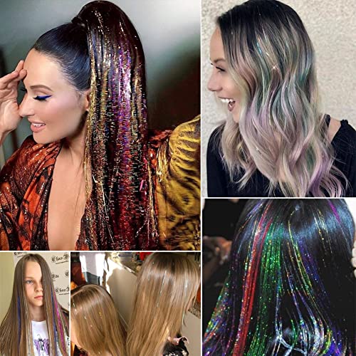 Hair Tinsel Kit With Tool 12 Colors 2400 Strands Tinsel Hair Extensions Fairy Hair Tinsel Heat Resistant, 47 Inches Shiny Sparkly Hair Tinsel Strands Glitter Hair Extensions for Women Girls - Image 6