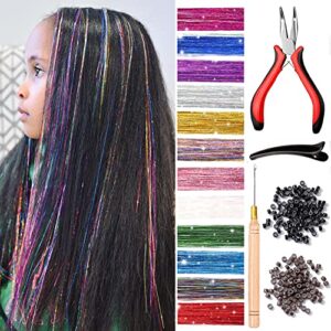 Hair Tinsel Kit With Tool 12 Colors 2400 Strands Tinsel Hair Extensions Fairy Hair Tinsel Heat Resistant, 47 Inches Shiny Sparkly Hair Tinsel Strands Glitter Hair Extensions for Women Girls
