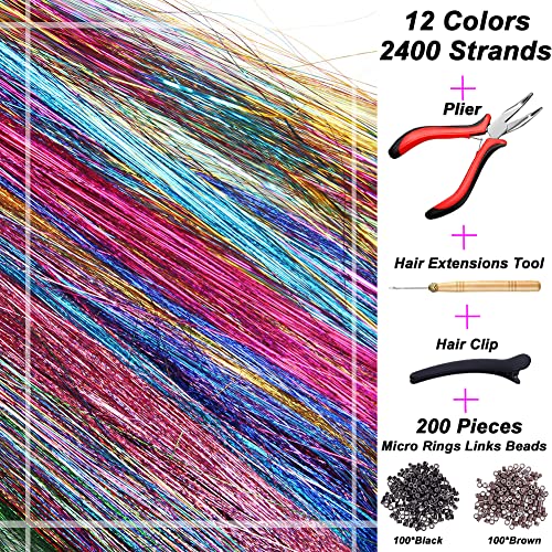Hair Tinsel Kit With Tool 12 Colors 2400 Strands Tinsel Hair Extensions Fairy Hair Tinsel Heat Resistant, 47 Inches Shiny Sparkly Hair Tinsel Strands Glitter Hair Extensions for Women Girls - Image 2