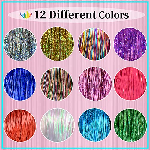 Hair Tinsel Kit With Tool 12 Colors 2400 Strands Tinsel Hair Extensions Fairy Hair Tinsel Heat Resistant, 47 Inches Shiny Sparkly Hair Tinsel Strands Glitter Hair Extensions for Women Girls - Image 3