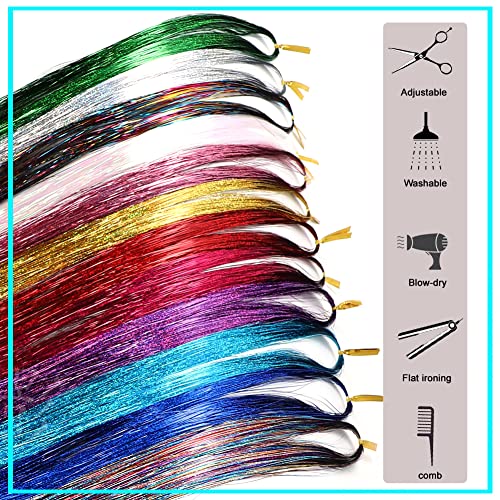 Hair Tinsel Kit With Tool 12 Colors 2400 Strands Tinsel Hair Extensions Fairy Hair Tinsel Heat Resistant, 47 Inches Shiny Sparkly Hair Tinsel Strands Glitter Hair Extensions for Women Girls - Image 5