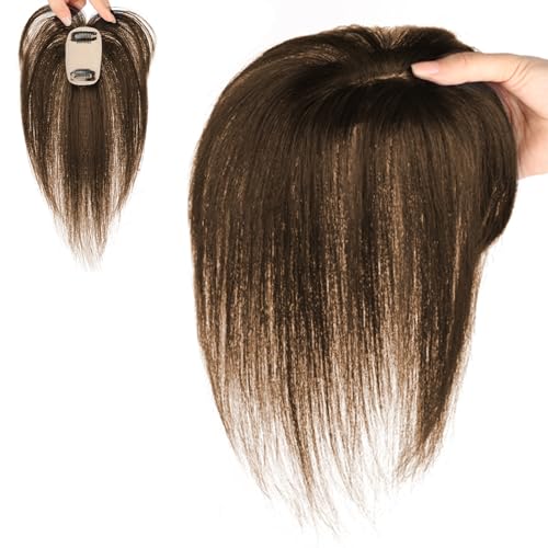 Hair Topper Real Human Hair 9.8 Inch Long Human Hair Toppers for Thin Hair Women Silk Base Clip In Hair Extensions Natural Looking for Daily Use Brown - Image 6