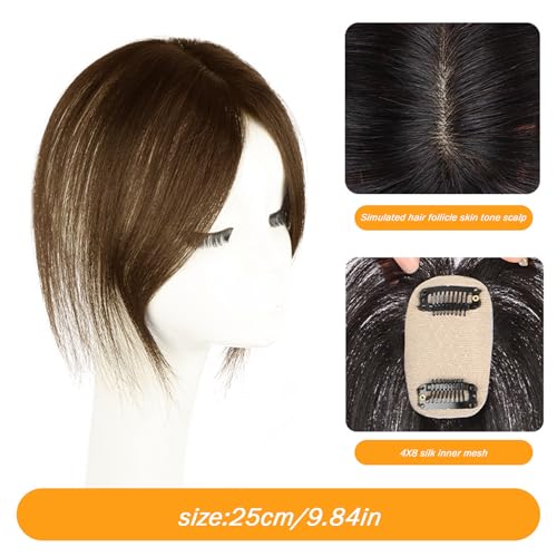 Hair Topper Real Human Hair 9.8 Inch Long Human Hair Toppers for Thin Hair Women Silk Base Clip In Hair Extensions Natural Looking for Daily Use Brown - Image 5