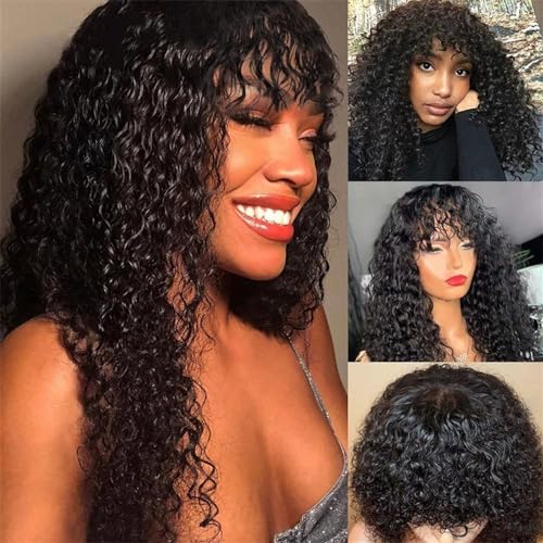 Hair Wigs human hair Kinky Curly Wig with Bangs Full Machine 14-40 Inch Long Curly Human Hair Wig for Black Women Glueless Remy Hair Non Lace Front Wig, Natural Color Natural Wigs for women High Densi - Image 4