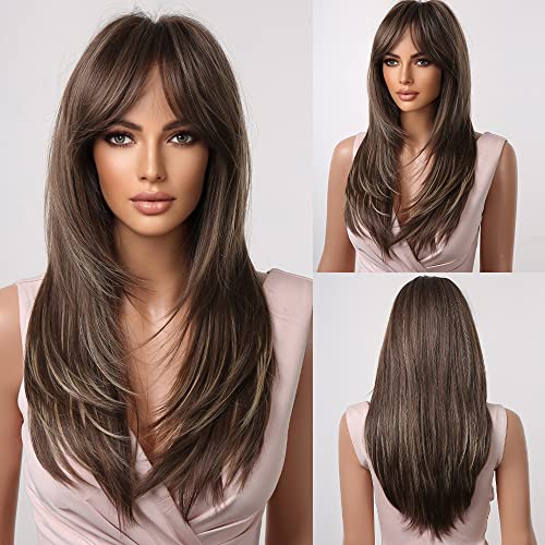 HAIRCUBE Brown Wigs for Women,Long Layered Brown with Highlight Wigs with Bangs Heat Resistant Synthetic Fibre Wigs(pelucas de cabello natural)
