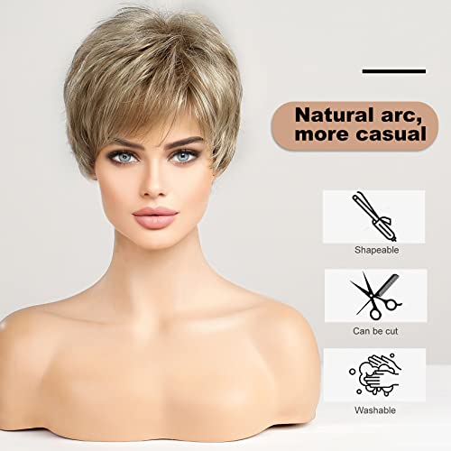 HAIRCUBE Human-hair Like Texture Light Blonde Mixed Off-white Short Pixie Cut Wigs for Women with Bangs Synthetic Replacement Wigs - Image 4