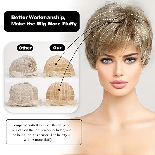HAIRCUBE Human-hair Like Texture Light Blonde Mixed Off-white Short Pixie Cut Wigs for Women with Bangs Synthetic Replacement Wigs - Image 3