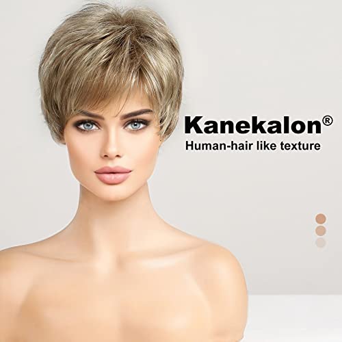 HAIRCUBE Human-hair Like Texture Light Blonde Mixed Off-white Short Pixie Cut Wigs for Women with Bangs Synthetic Replacement Wigs - Image 2