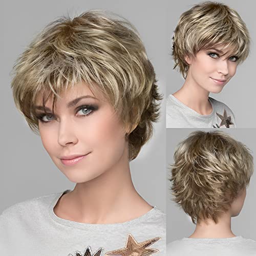 HAIRCUBE Human-hair Like Texture Light Blonde Mixed Off-white Short Pixie Cut Wigs for Women with Bangs Synthetic Replacement Wigs