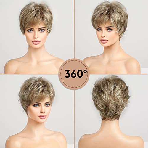 HAIRCUBE Human-hair Like Texture Light Blonde Mixed Off-white Short Pixie Cut Wigs for Women with Bangs Synthetic Replacement Wigs - Image 5