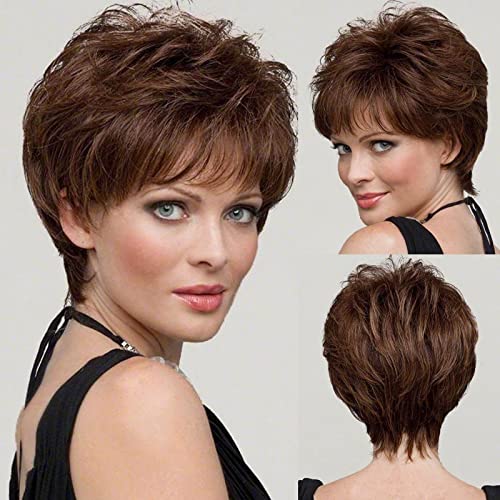 HAIRCUBE Human-hair Like Texture Short Brown Pixie Cut Wigs for Women with Bangs Synthetic Replacement Wigs