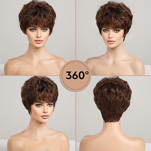 HAIRCUBE Human-hair Like Texture Short Brown Pixie Cut Wigs for Women with Bangs Synthetic Replacement Wigs - Image 5