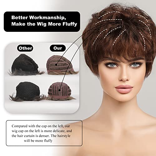HAIRCUBE Human-hair Like Texture Short Brown Pixie Cut Wigs for Women with Bangs Synthetic Replacement Wigs - Image 3