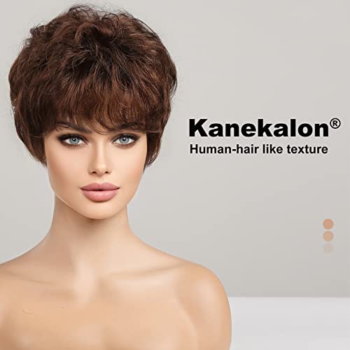 HAIRCUBE Human-hair Like Texture Short Brown Pixie Cut Wigs for Women with Bangs Synthetic Replacement Wigs - Image 2