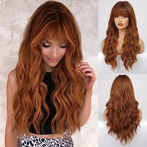 HAIRCUBE Ombre Auburn Long Curly Synthetic Wig with Bangs Heat-Resistant for Women