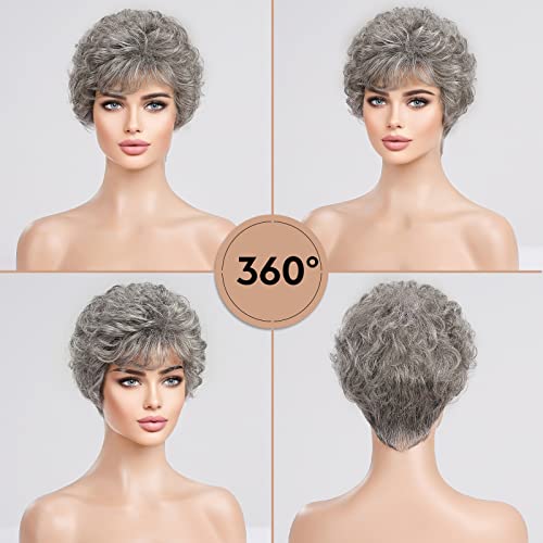 HAIRCUBE Short Silver Gray Wavy Curly Synthetic Wig for Women with Bangs - Medium Size - Image 4