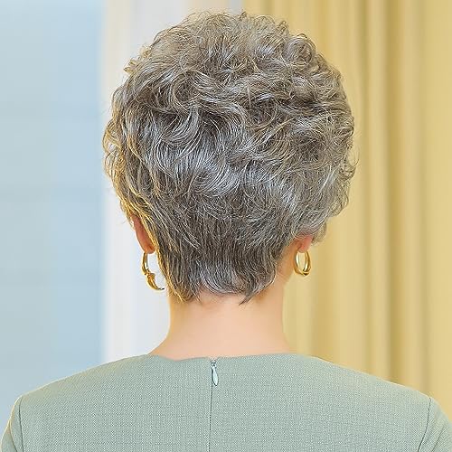 HAIRCUBE Short Silver Gray Wavy Curly Synthetic Wig for Women with Bangs - Medium Size - Image 3