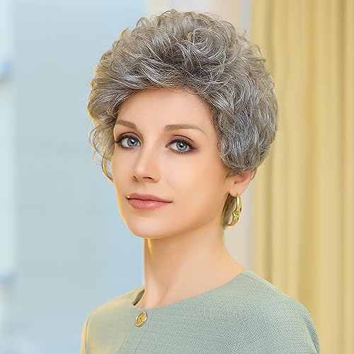 HAIRCUBE Short Silver Gray Wavy Curly Synthetic Wig for Women with Bangs - Medium Size - Image 2