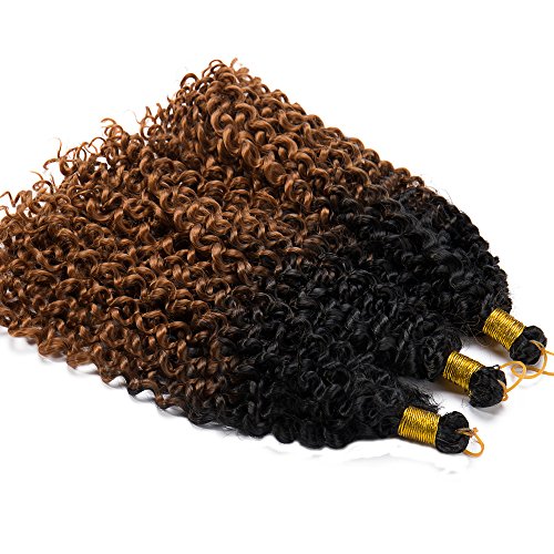 Hairro Water Wave Crochet Hair Braids 14 Inch Ombre Afro Marlybob Kinky Curly Synthetic Hair Bundles Extensions Jerry Curl Twist Hair Weave for Black Women 3 Bundles/Pack 2 Tones Black to Light Brown - Image 5