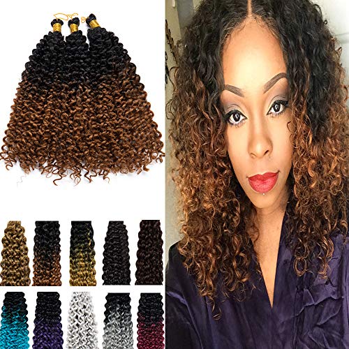 Hairro Water Wave Crochet Hair Braids 14 Inch Ombre Afro Marlybob Kinky Curly Synthetic Hair Bundles Extensions Jerry Curl Twist Hair Weave for Black Women 3 Bundles/Pack 2 Tones Black to Light Brown