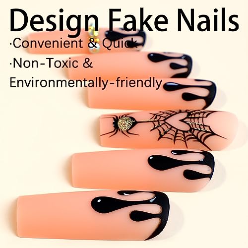 Hallowee Extra long Press on Nails Square Fake Nails with Glitter Spider Web Spider Designs False Nails and Rhinestones Acrylic Nails Artificial Matte Full Cover Stick on Nails for Women 24Pcs - Image 3