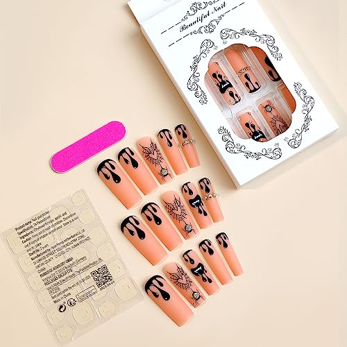 Hallowee Extra long Press on Nails Square Fake Nails with Glitter Spider Web Spider Designs False Nails and Rhinestones Acrylic Nails Artificial Matte Full Cover Stick on Nails for Women 24Pcs - Image 4